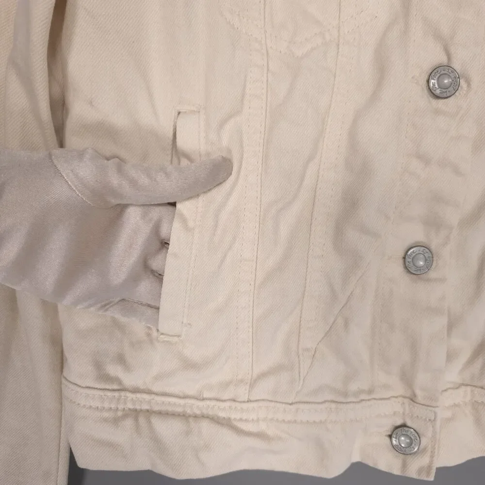 WE THE FREE Women's Denim Jacket SMALL Cream Cropped 100% Cotton Button‎ Front